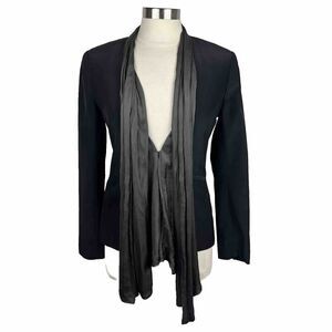 Rag & Bone Jacket 6 Womens Black Gray Silk Attached Scarf Waterfall Blazer